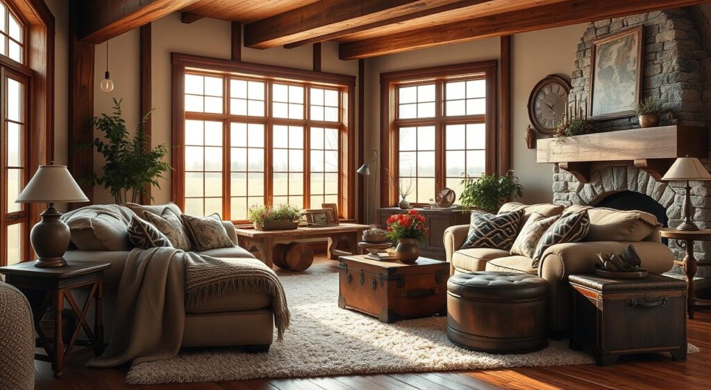 Cozy farmhouse living room with layered textiles Cozy farmhouse living room with layered textiles