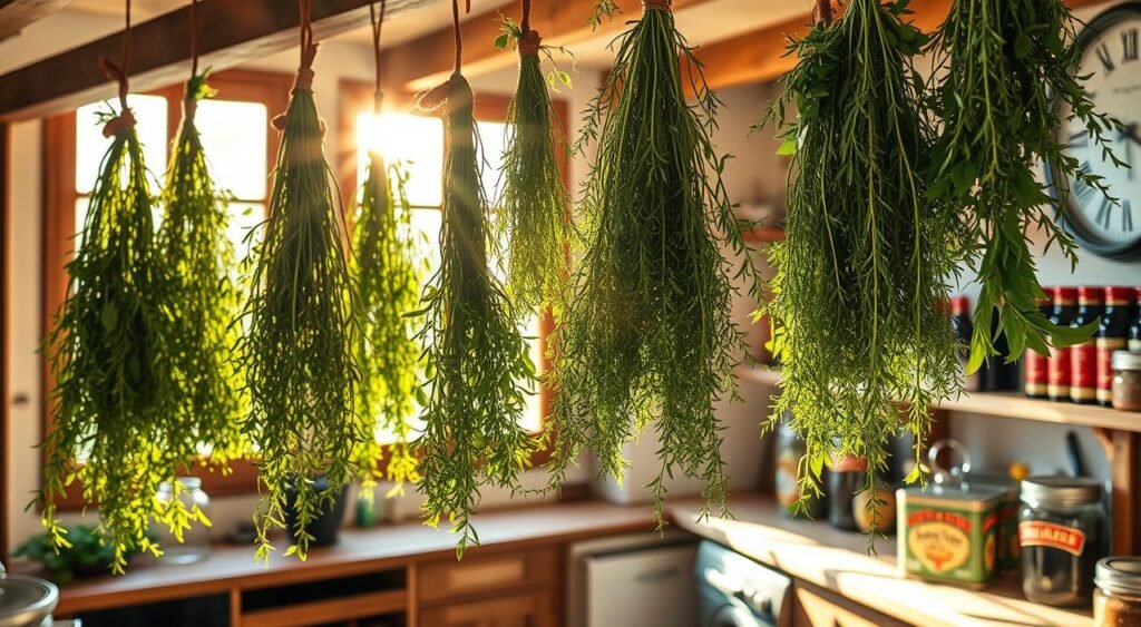 Drying herbs in a kitchen for homegrown herbs preservation