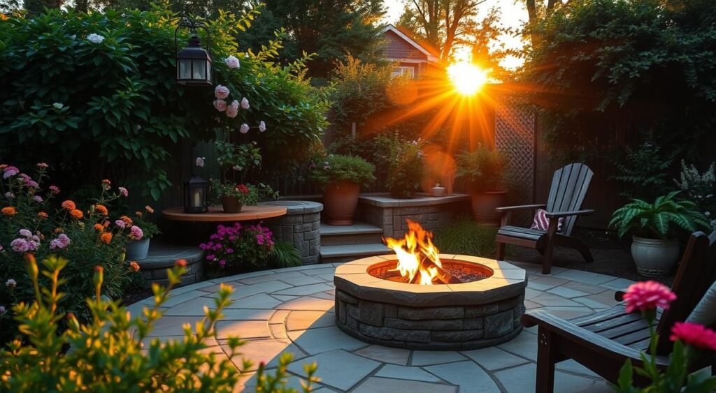 backyard with fire pit and garden
