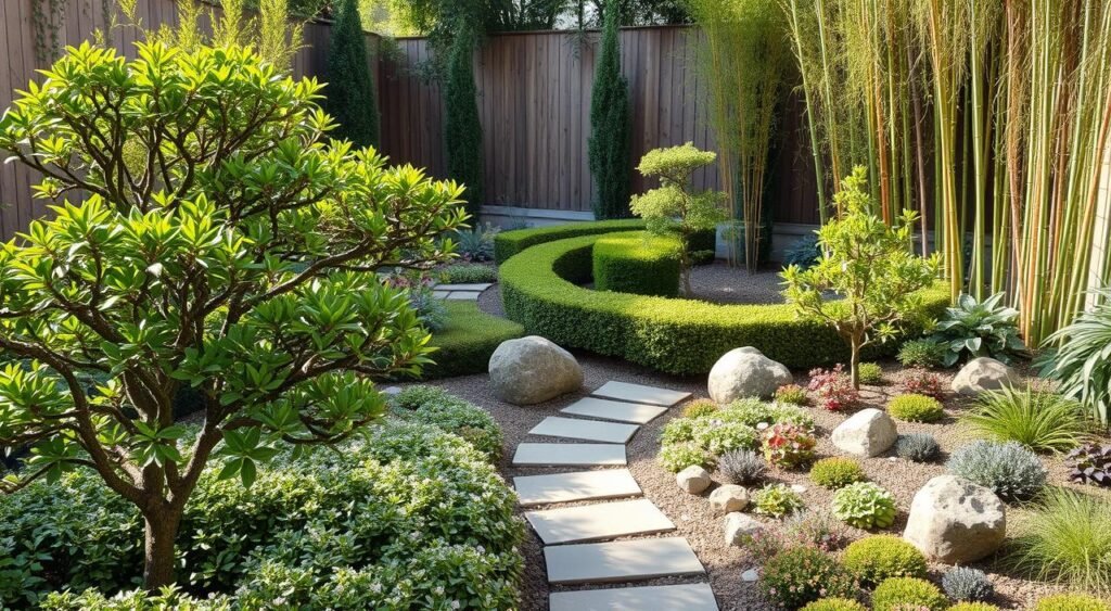 compact backyard gardens with dwarf trees