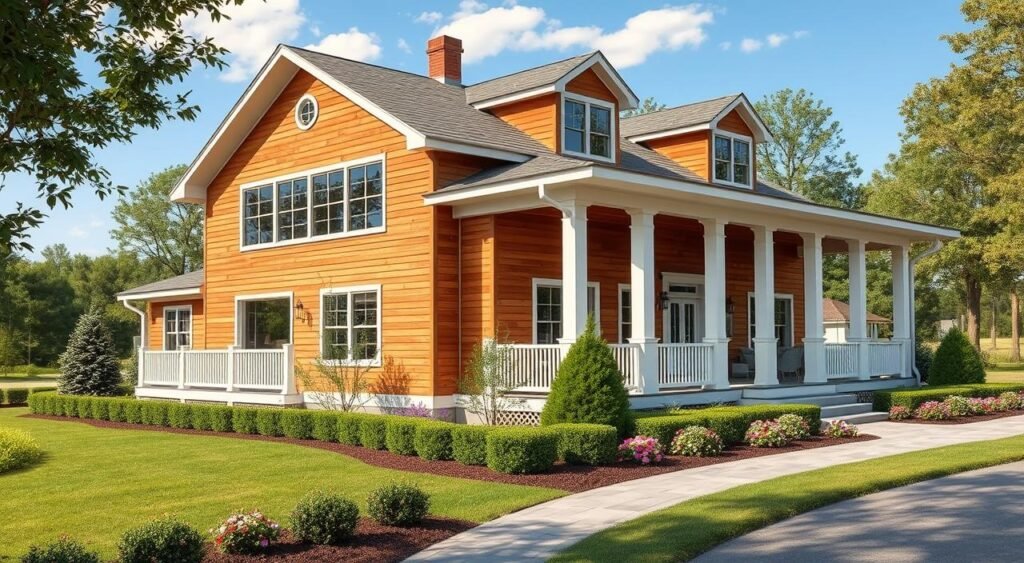 modern farmhouse exterior with covered porch and landscaping