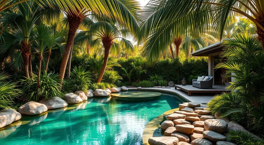 Backyard oasis design with green pool landscaping Backyard oasis design with green pool landscaping
