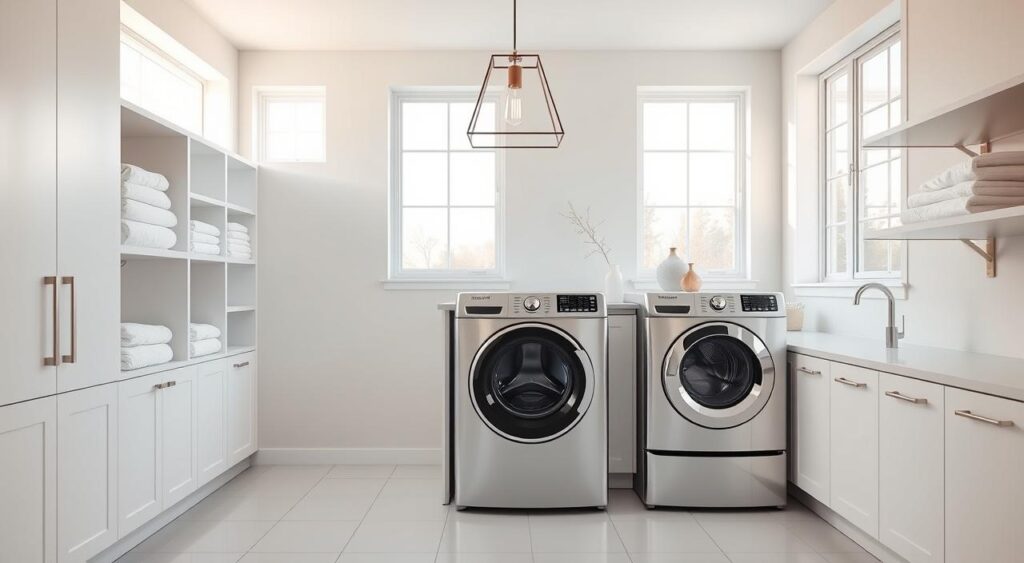 Modern lighting in a stylish laundry room Modern lighting in a stylish laundry room
